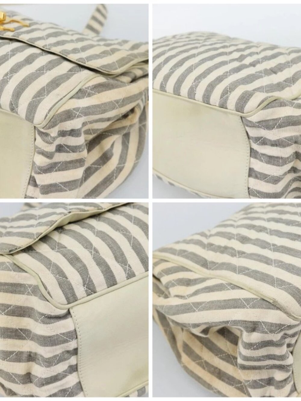 CHANEL Striped Matelasse Chain Shoulder Bag Canvas White Gray CC Auth bs3642 - Picture 16 of 16